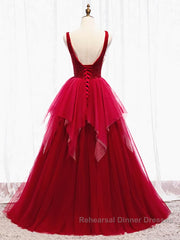 Red V Neck Long Semi Formal Prom Dresses with Corset Back, Red Floor Length Semi Formal Prom Dresses Gown, Evening Dresses