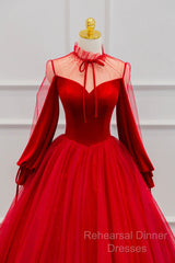 Red Velvet And Tulle Floor Length Semi Formal Prom Dress, Long Sleeve Beautiful A-Line Party Dress