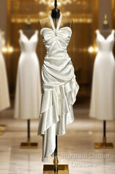Retro Mermaid Halter Satin High Low Evening Dress Semi Formal Prom Dresses