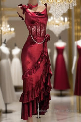 Retro Mermaid Spaghetti Straps Burgundy Lace Semi Formal Prom Dresses Birthday Outfits