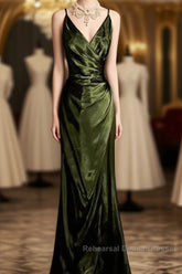 Retro Mermaid Spaghetti Straps Satin Green Long Evening Dress Semi Formal Prom Dresses