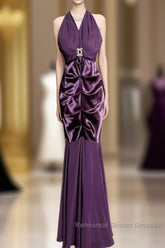 Retro Mermaid V Neckline Chiffon Grape Evening Dress Semi Formal Prom Dresses