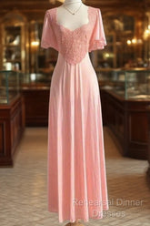 Retro Pink Long Bridesmaid Dress Lace Semi Formal Prom Dresses