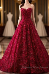 Romantic Burgundy Lace Embroidery Sweetheart Wedding Dresses Princess