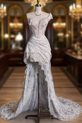 Romantic High Low One Shoulder Lace White Long Wedding Dresses