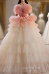 Romantic Pink Tulle Ball Gown Ombre Tiers Evening Prom Dress