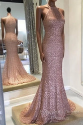 Rose Gold Sequins Halter Bridesmaid Dresses Long Mermaid Gowns