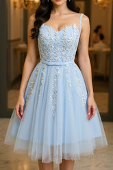 Round Neck Short Blue Lace Semi Formal Prom Dresses, Short Blue Lace Homecoming Graduation Dresses