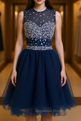 Round Neck Short Dark Blue Semi Formal Prom Dresses, Short Dark Blue Homecoming Dresses
