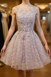 Round Neck Short Gray Lace Semi Formal Prom Dresses, Short Gray Lace Formal Homecoming Graduation Dresses