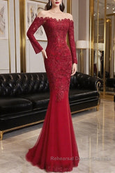 Round Neck Short Sleeves Mermaid Burgundy Lace Long Semi Formal Prom Dresses, Mermaid Burgundy Lace Formal Dresses, Wine Red Evening Dresses