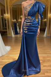 Royal Blue Asymmetric One Shoulder Stretch Satin Evening Semi Formal Prom Dresses with Appliques