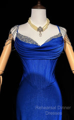 Royal Blue Elegant Mermaid Satin Spaghetti Strap Long Semi Formal Prom Dress Beaded Formal Evening Gown
