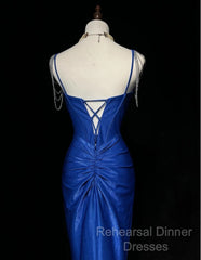 Royal Blue Elegant Mermaid Satin Spaghetti Strap Long Semi Formal Prom Dress Beaded Formal Evening Gown