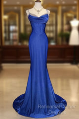 Royal Blue Elegant Mermaid Satin Spaghetti Strap Long Semi Formal Prom Dress Beaded Formal Evening Gown