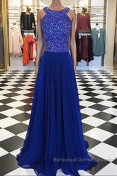 Royal Blue Round Neck Long Semi Formal Prom Dress, Blue Evening Dress