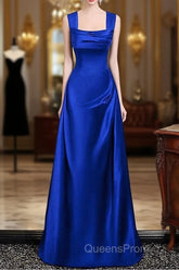 Royal Blue Satin A-Line Simple Long Party Dress, Royal Blue Satin Floor Length Evening Prom Dress