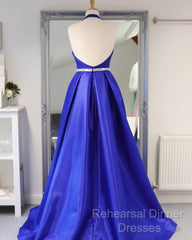 Royal Blue Satin Deep V Neck Simple Long Semi Formal Prom Dress Backless Party Dresses