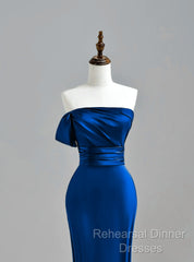 Royal Blue Satin Mermaid Scoop Long Party Dress, Royal Blue Semi Formal Prom Dress