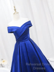 Royal Blue Satin Sweetheart Off Shoulder Long Formal Dress, A-Line Semi Formal Prom Dress