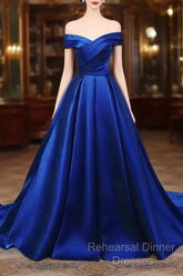 Royal Blue Satin Sweetheart Off Shoulder Long Formal Dress, A-Line Semi Formal Prom Dress