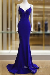 Royal Blue Satin V Neck Mermaid Evening Dresses With Cross Back