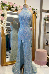 Royal Blue Sequin Halter Long Formal Dresses with Slit Semi Formal Dress