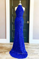Royal Blue Sequin Halter Long Formal Dresses with Slit Semi Formal Dress