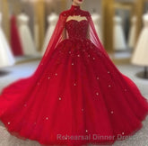 Royal Blue Tulle Ball Gown Semi Formal Prom Dress With Cape