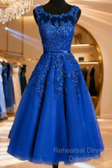Royal Blue Tulle Tea Length Applique Round Neckline Formal Dress, Blue Wedding Party Dress