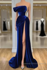 Royal Blue Velvet Trumpet Mermaid Semi Formal Prom Dress With Slit