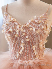 Unique V Neck Tulle Sequin Orange Pink Long Semi Formal Prom Dress, Orange Pink Sweet 16 Dress