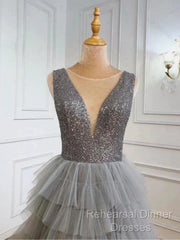 Ruffles Tulle V Neck Gray Sequin Long Semi Formal Prom Dress