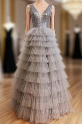 Ruffles Tulle V Neck Gray Sequin Long Semi Formal Prom Dress