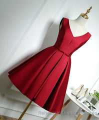 Simple Burgundy Satin V Neck Short Semi Formal Prom Dress, Evening Dress