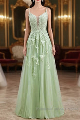Sage Green Long Semi Formal Prom Dresses Lace Appliques V Neck Lace-Up