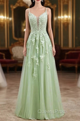 Sage Green Long Evening Prom Dress Lace Appliques V Neck Lace-Up