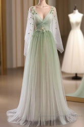 Sage Green Tulle Long Sleeve 3D Flower Semi Formal Prom Dress