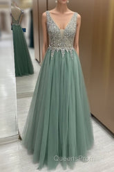 Sage Green Tulle V Neck Beaded Dress