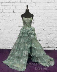 Sage Tiered Lace Strapless Dress