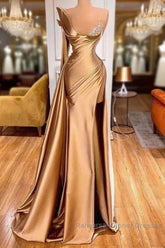 Satin Gold One Shoulder Mermaid Semi Formal Prom Dress With Slit