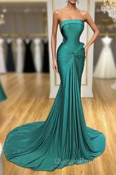 Satin Green Trumpet Mermaid Strapless Ruched Evening Prom Dress
