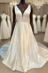 Satin Plunging Neck Bow-Back A-Line Long Wedding Dress