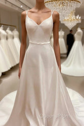 Satin Spaghetti Straps Backless Long Wedding Dress