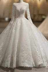 Scoop Long Sleeves Tulle Applique With Beading Chapel Train Ball Gown Wedding Dress