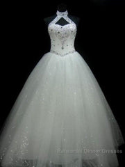 Sequin Ball Gown Sleeveless Floor Length Beading Tulle Halter Wedding Dress