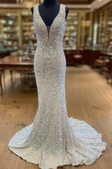 Sequin White Iridescent Formal Dress  Cheap V Neck Sleeveless Semi Formal Prom Dress Uk