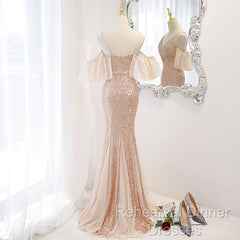 Sequins And Tulle Mermaid Long Party Dress Semi Formal Prom Dress, Off Shoulder Formal Dresses
