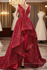 Sequins Asymmetrical Red Evening Dresses Sleeveless Deep-V Semi Formal Prom Formal Dress