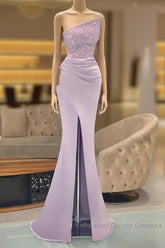 Sequins Formal Dresses Light Purple Mermaid Semi Formal Prom Dress Long Slit Strapless